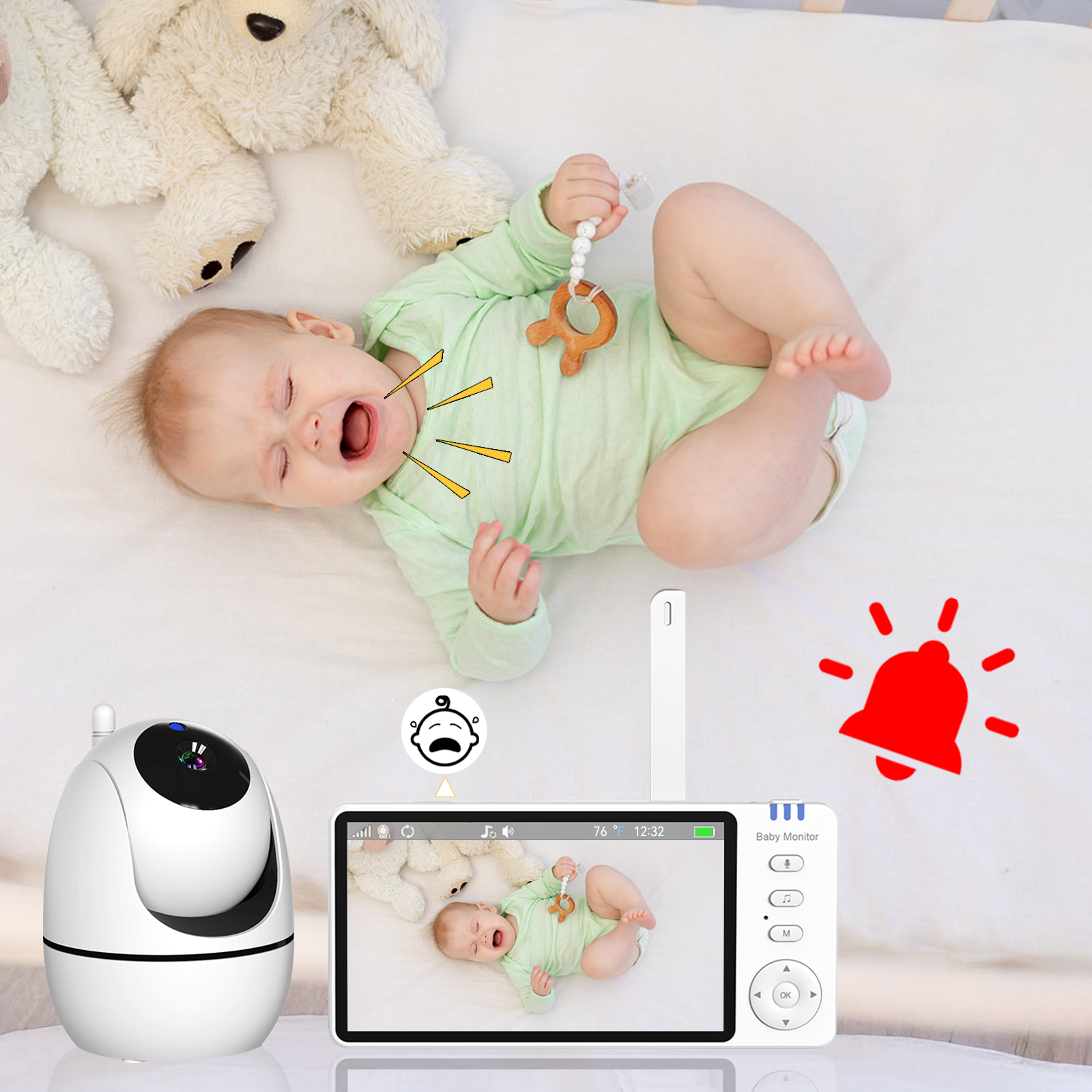 Baby lying on a bed with a Wavel Baby Monitor displaying the baby's video feed.