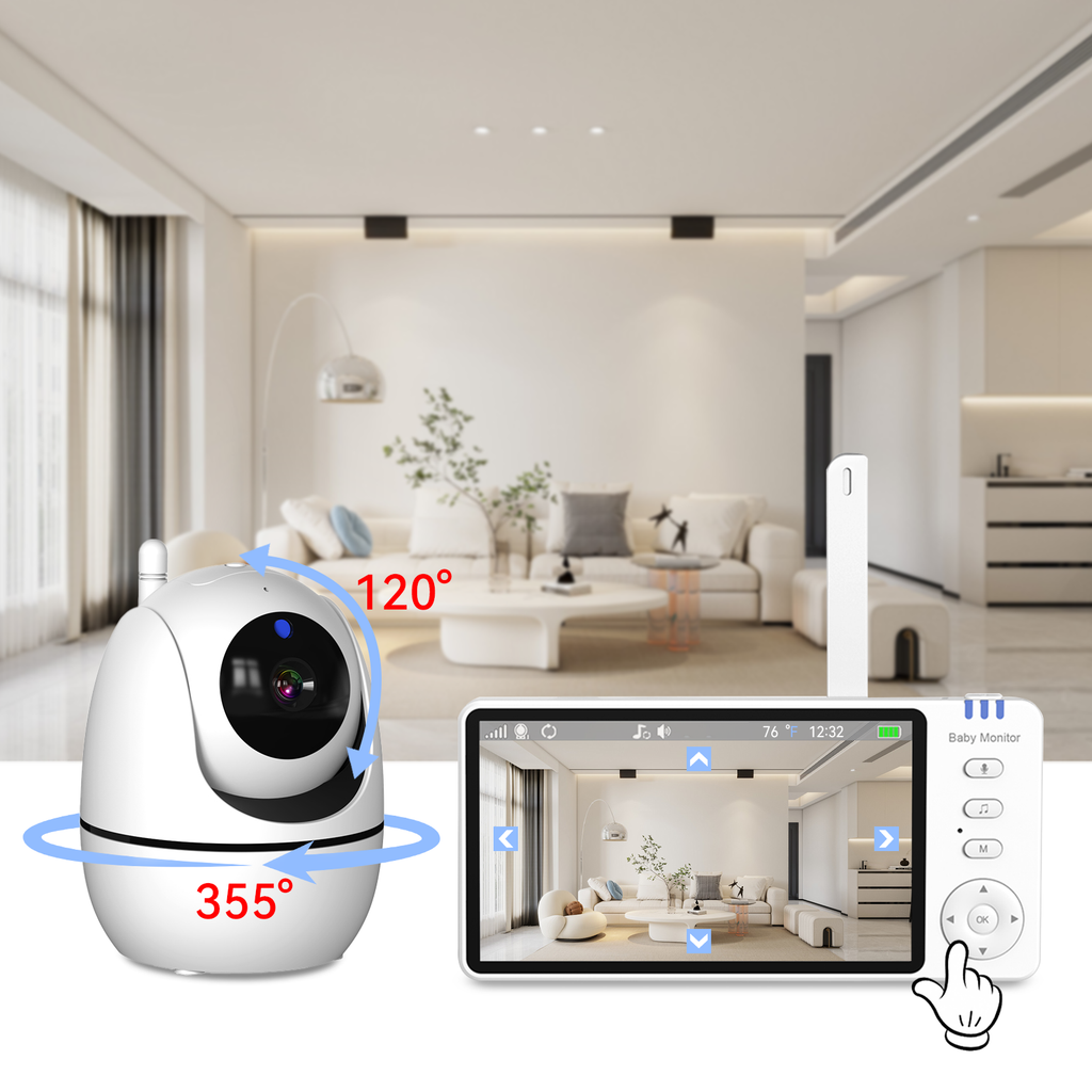 Smart home security Wavel Baby Monitor system with a monitor displaying a room view, in a modern living room setting.
