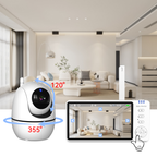 Smart home security Wavel Baby Monitor system with a monitor displaying a room view, in a modern living room setting.