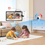 Children playing on the floor with a monitor displaying their activities, a Wavel Baby Monitor, and a control panel.