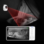Baby Wavel Baby Monitor with camera and screen displaying a baby, with red beam indicating motion.