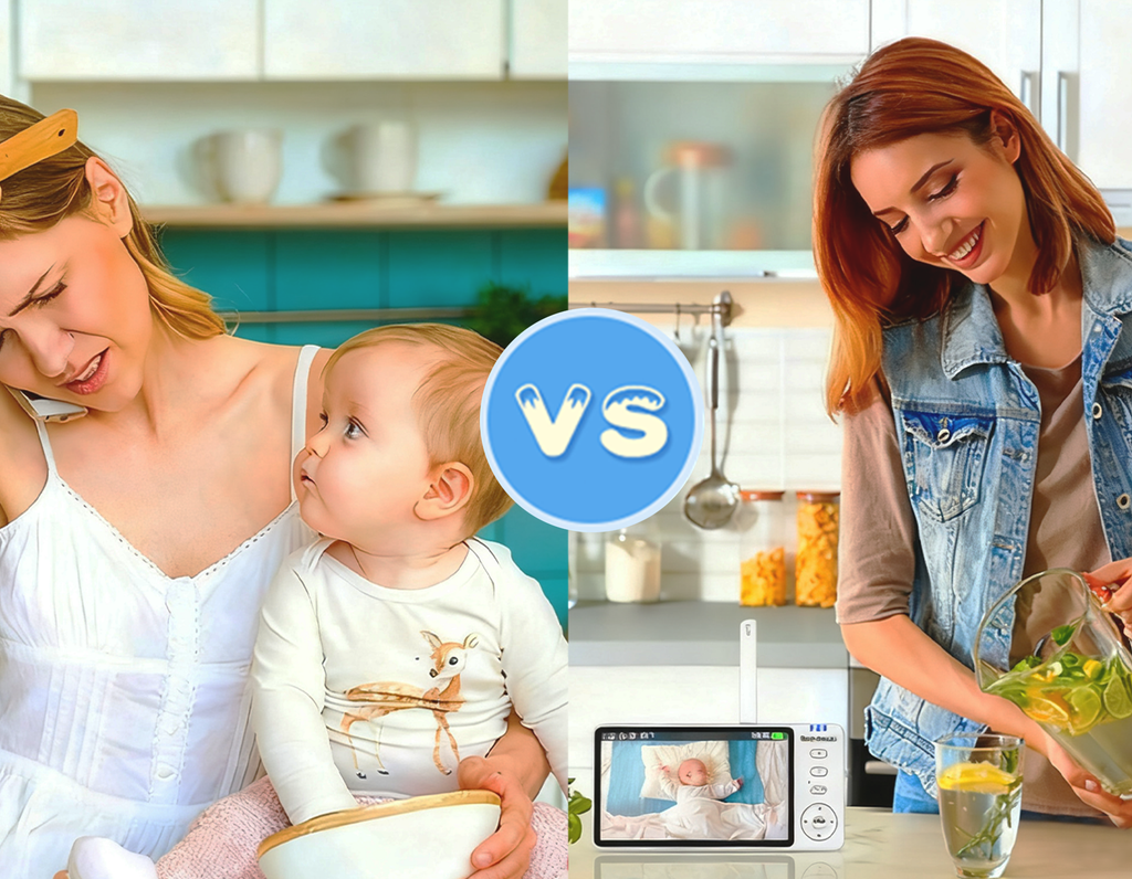 Woman with a baby on one side and a woman cooking on the other, separated by a 'vs' symbol.
