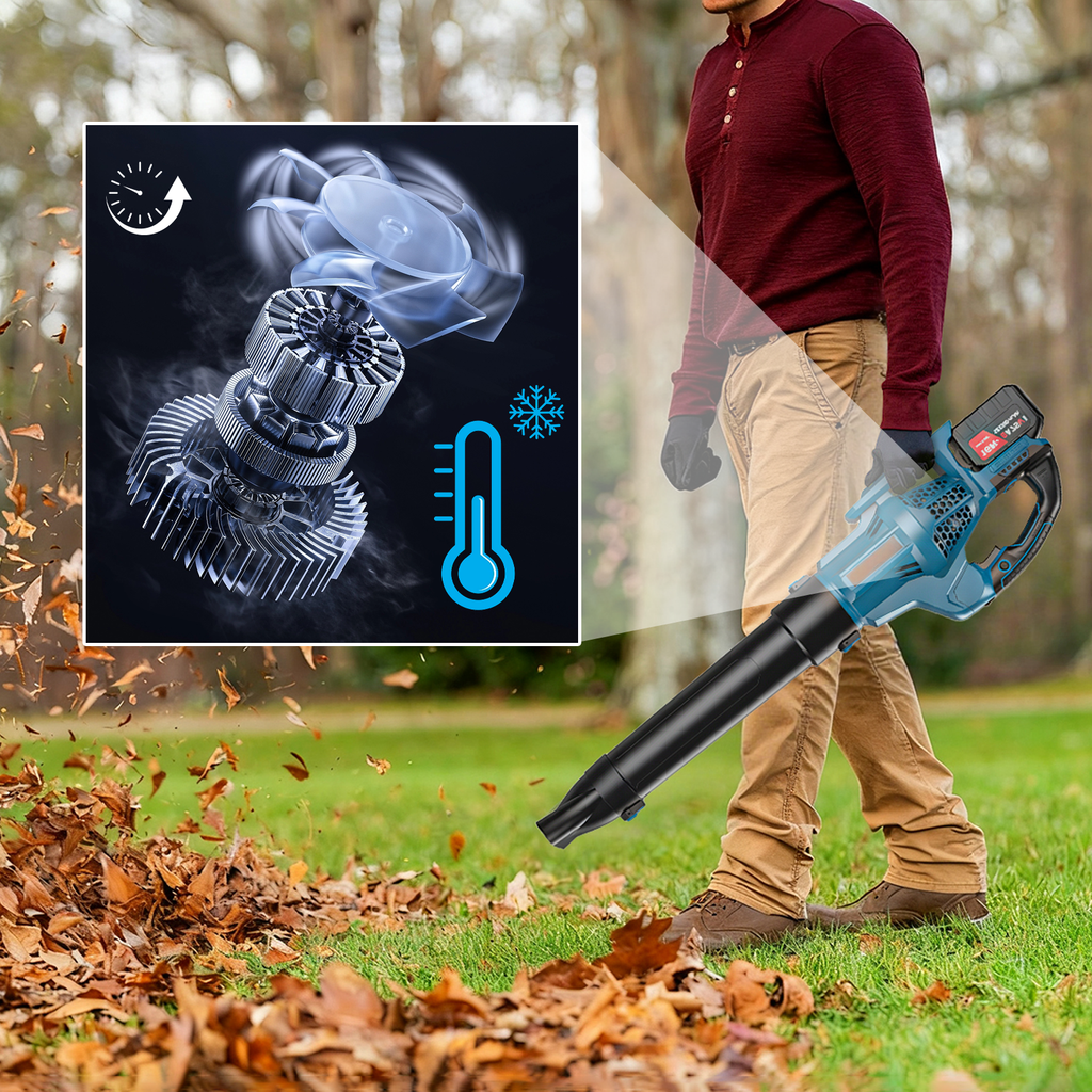 Person using a Wavel Cordless Electric Leaf Blower to clear leaves with an inset showing the blower's internal components.