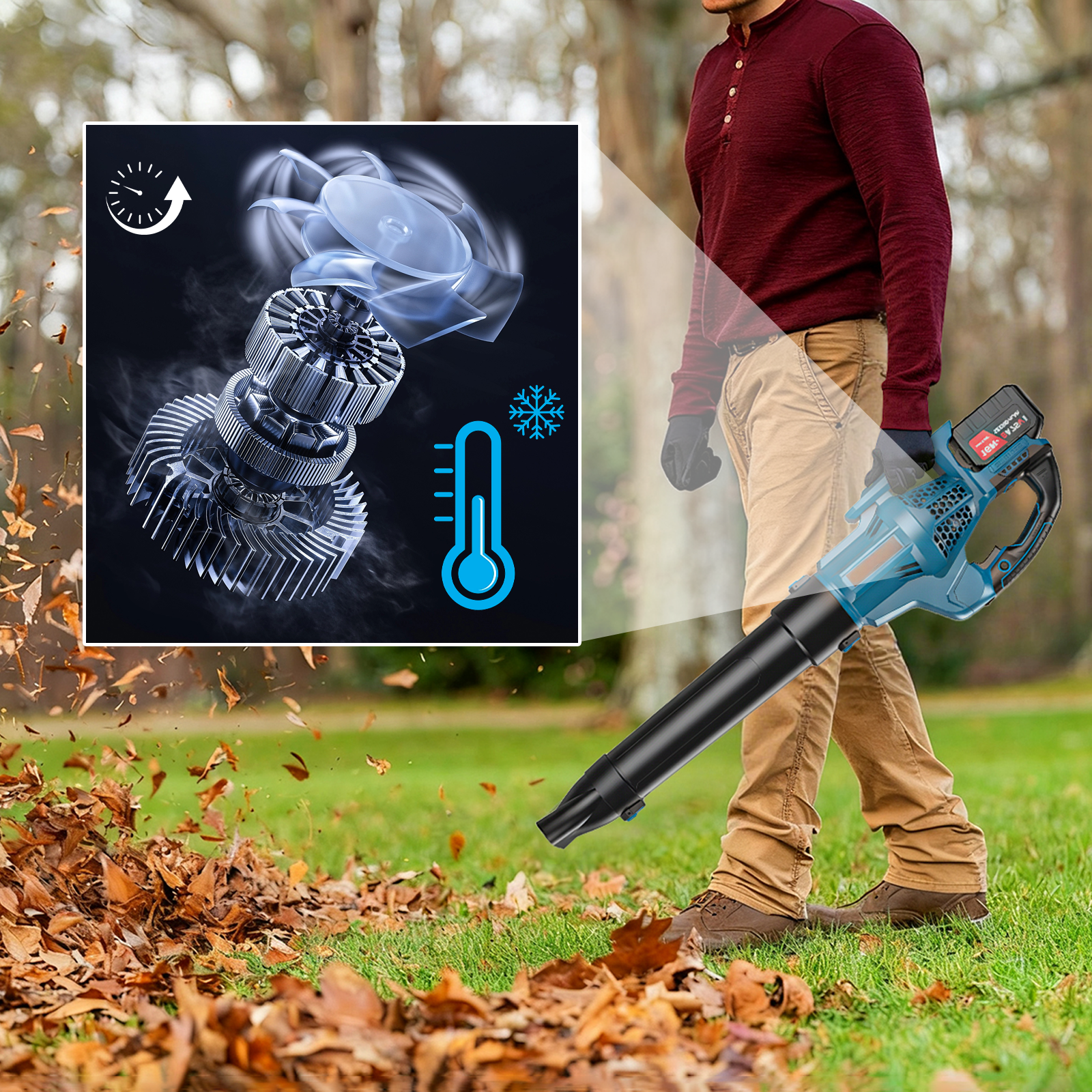 Person using a Wavel Cordless Electric Leaf Blower to clear leaves with an inset showing the blower's internal components.
