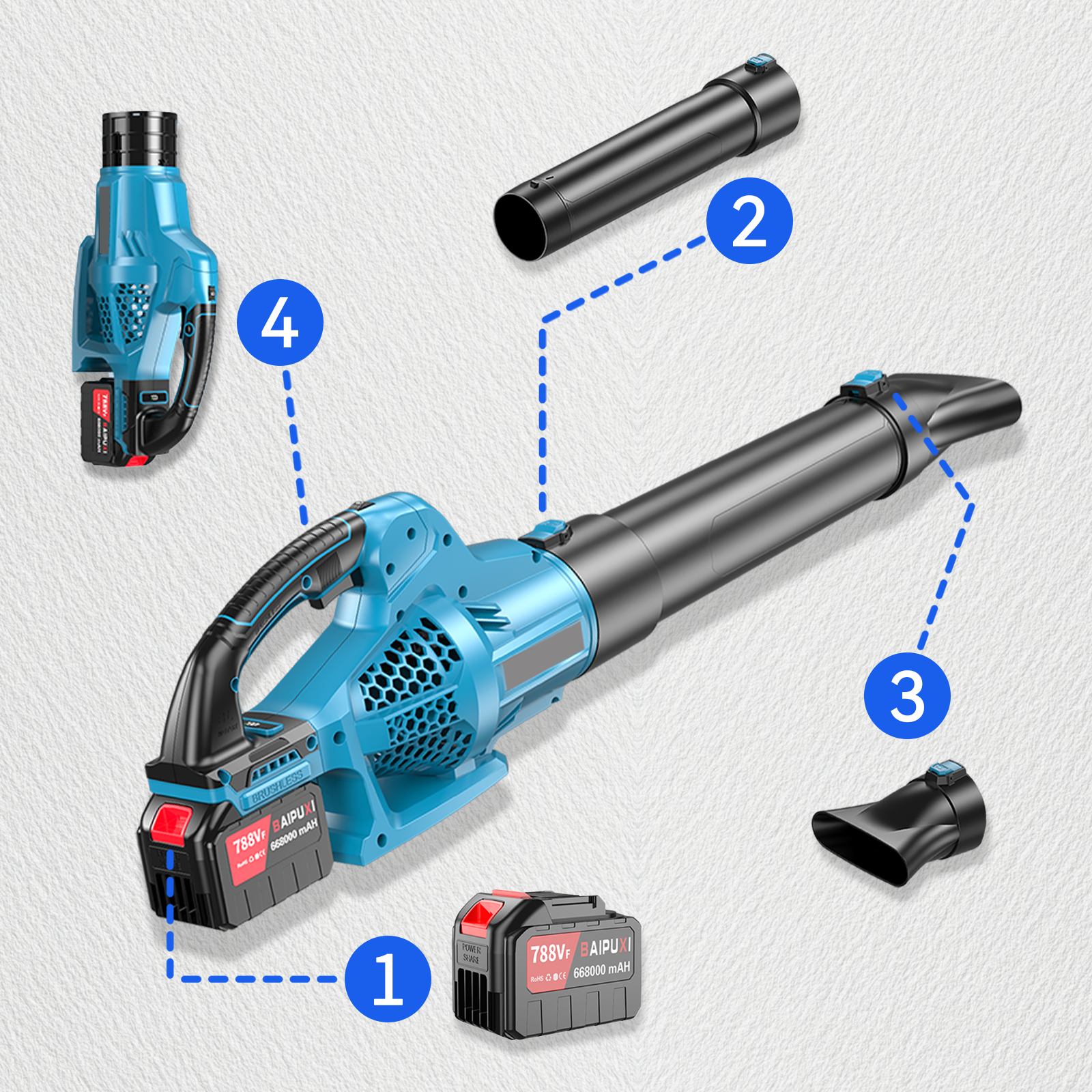 Blue Wavel Cordless Electric Leaf Blower with attachments on a light gray background