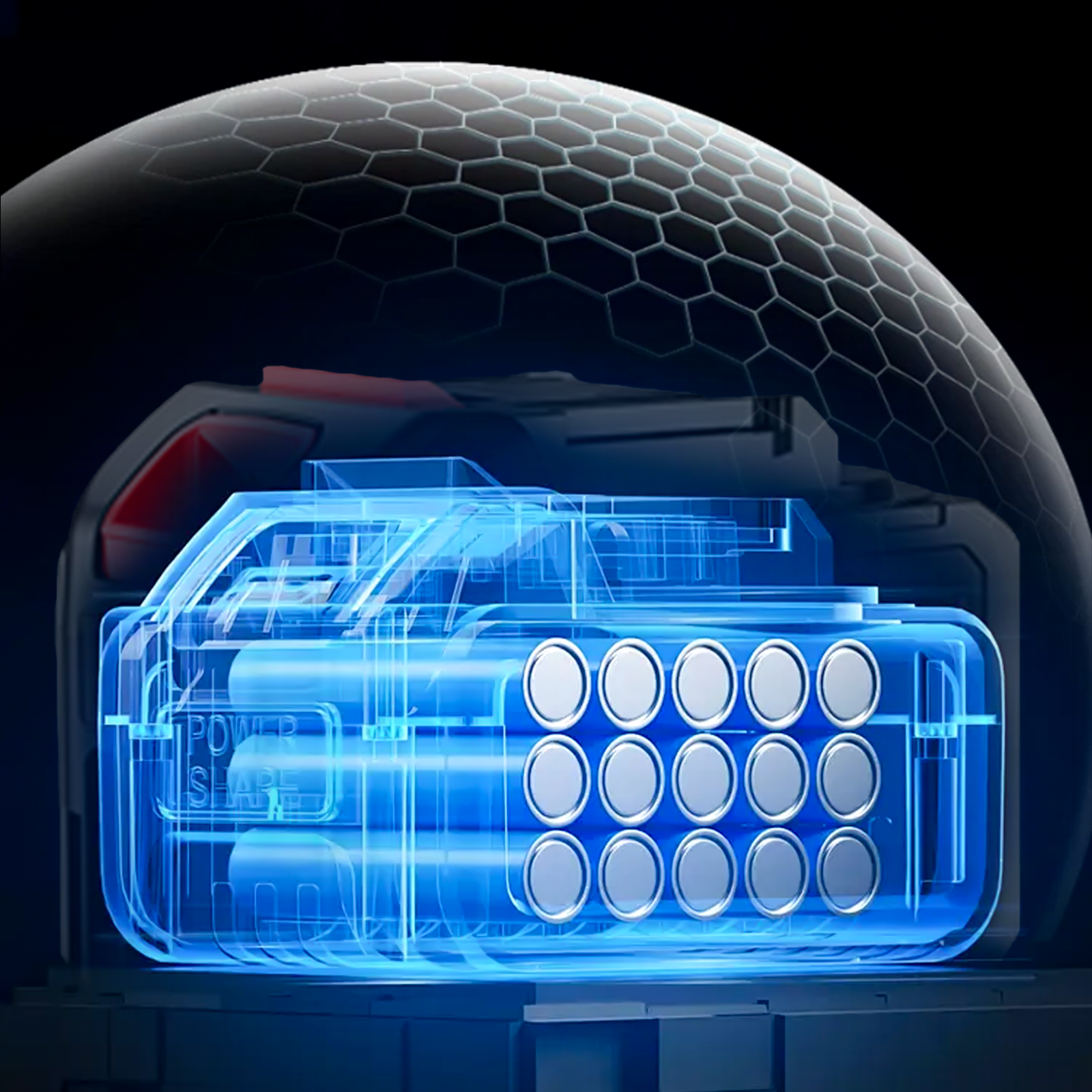 Wavel Cordless Electric Leaf Blower with a blue transparent overlay showing internal components against a dark background