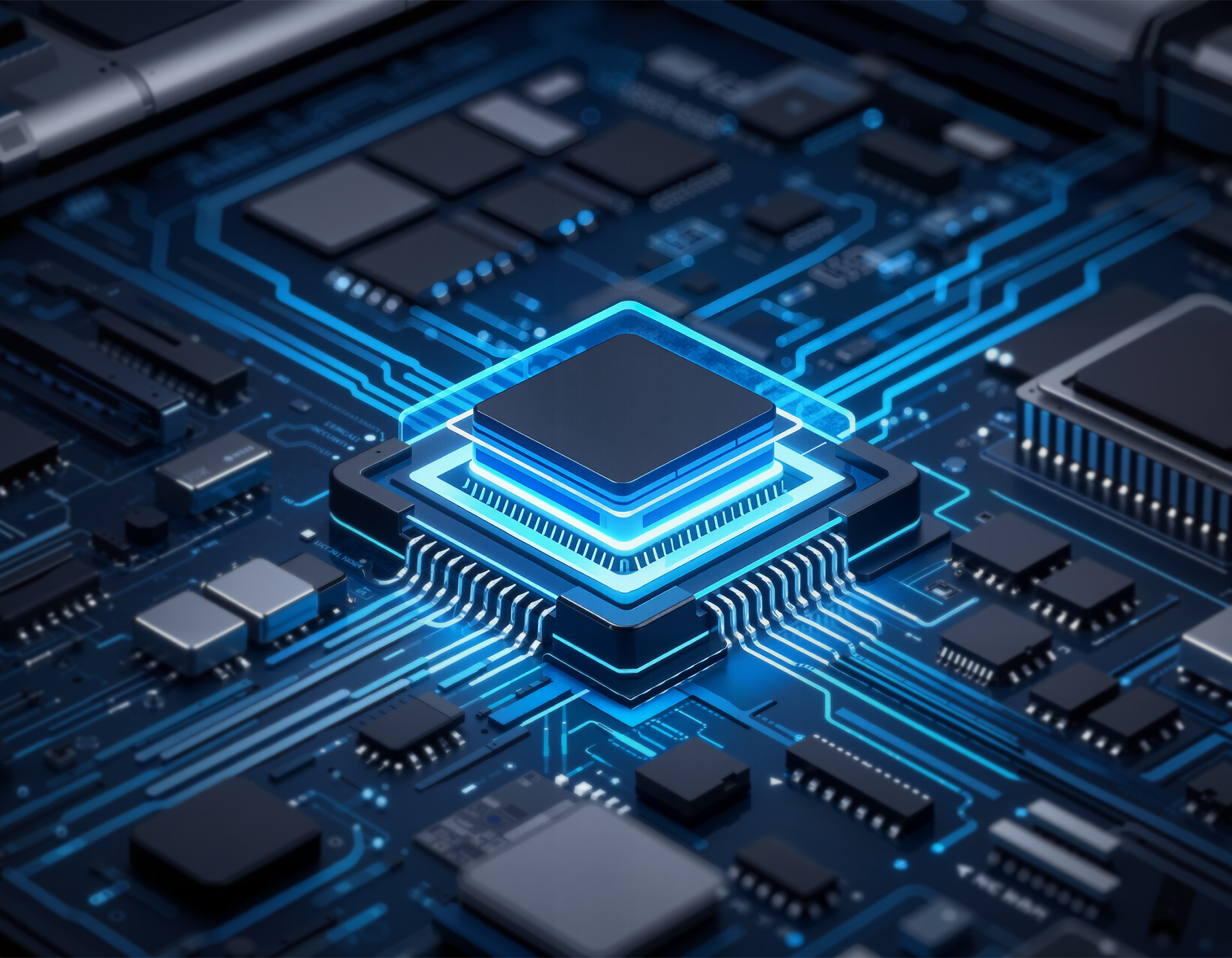 Close-up of a circuit board with electronic components, highlighting a central processor.