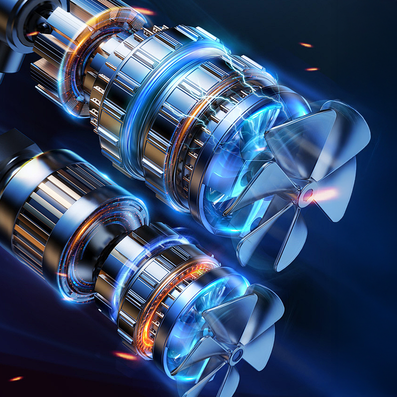 Close-up of two high-tech engine components with glowing blue and orange elements on a dark background.