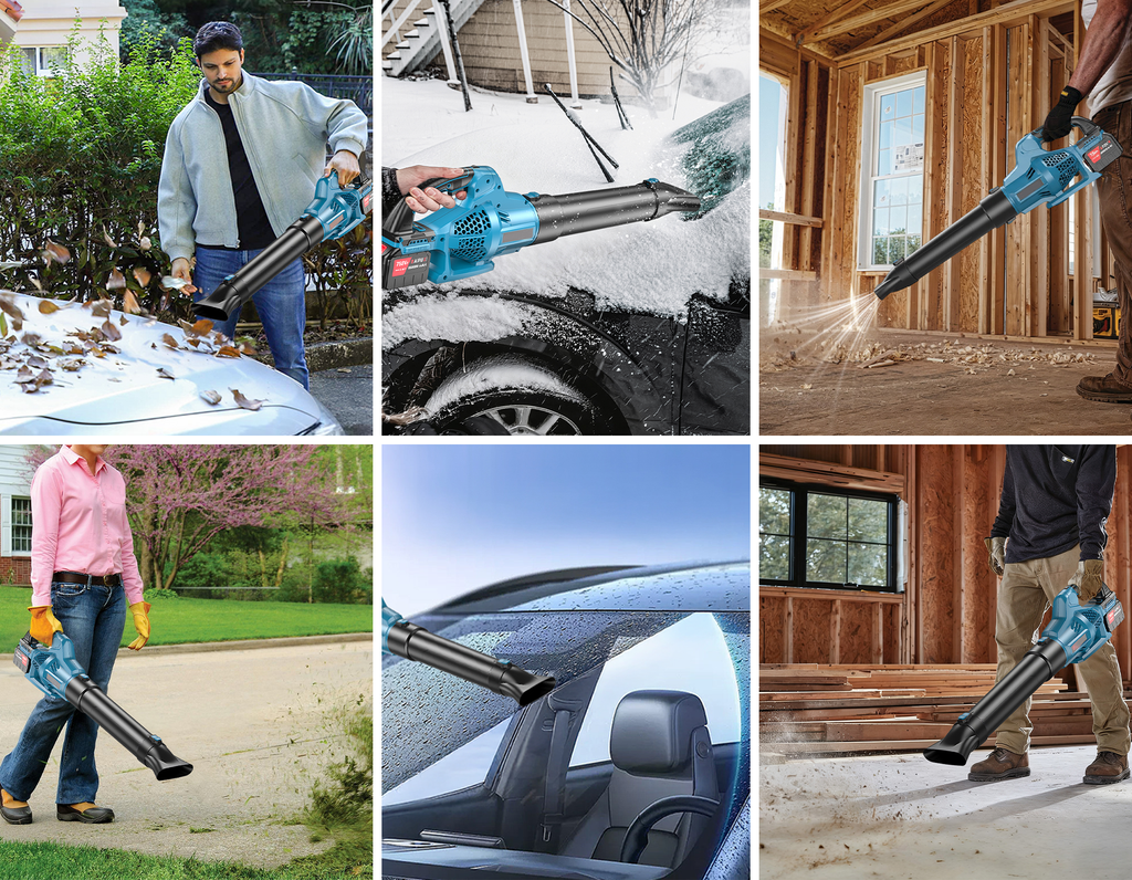 Collage of a person using a Wavel Cordless Electric Leaf Blower in various settings.