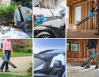 Collage of a person using a Wavel Cordless Electric Leaf Blower in various settings.