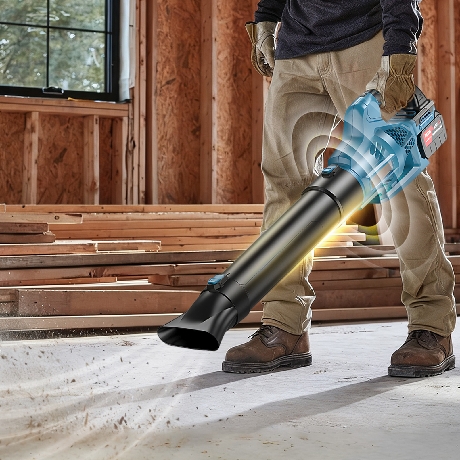Person using a Wavel Cordless Electric Leaf Blower in a construction site setting