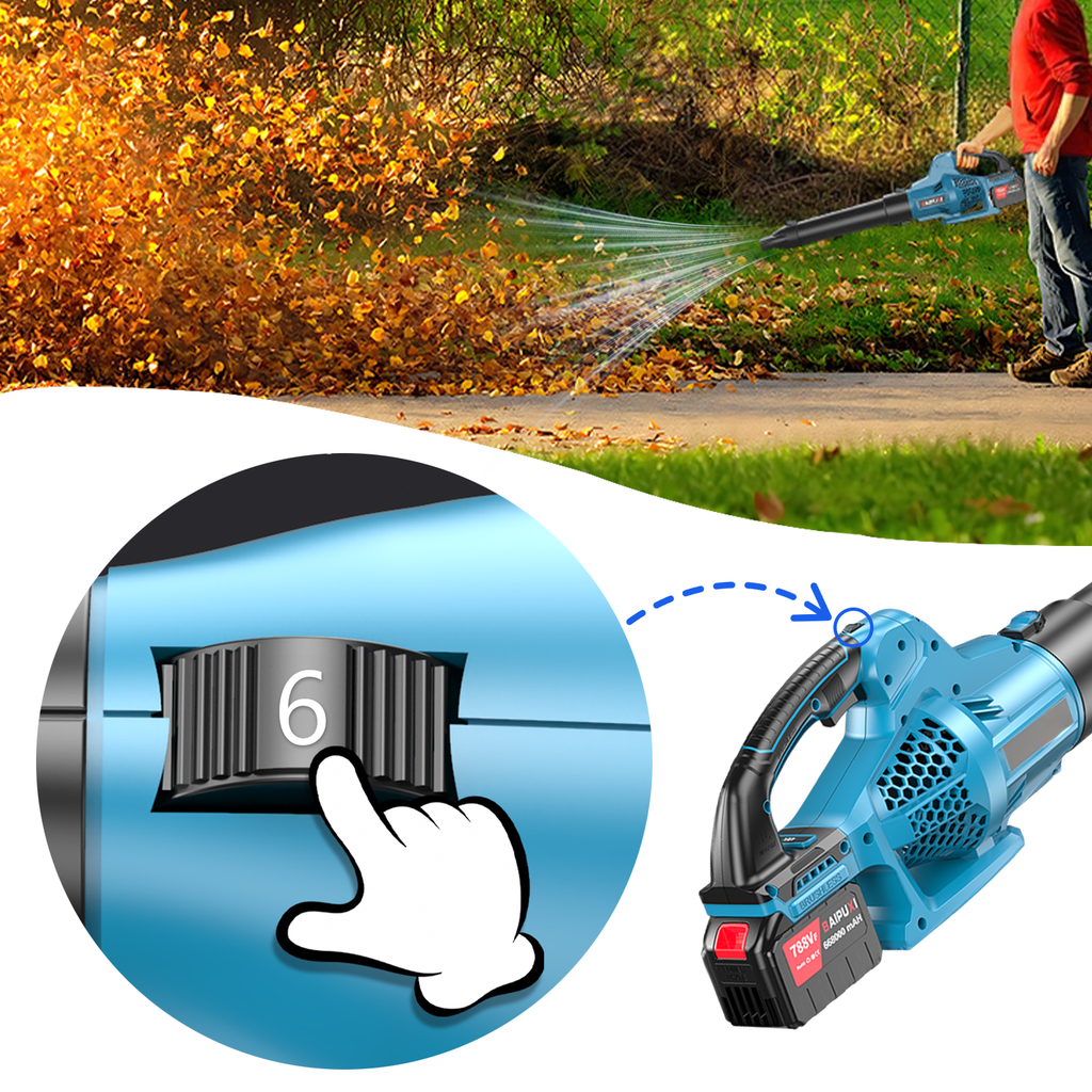 Person using a Wavel Cordless Electric Leaf Blower to clear leaves, with a close-up of the device's nozzle adjustment.