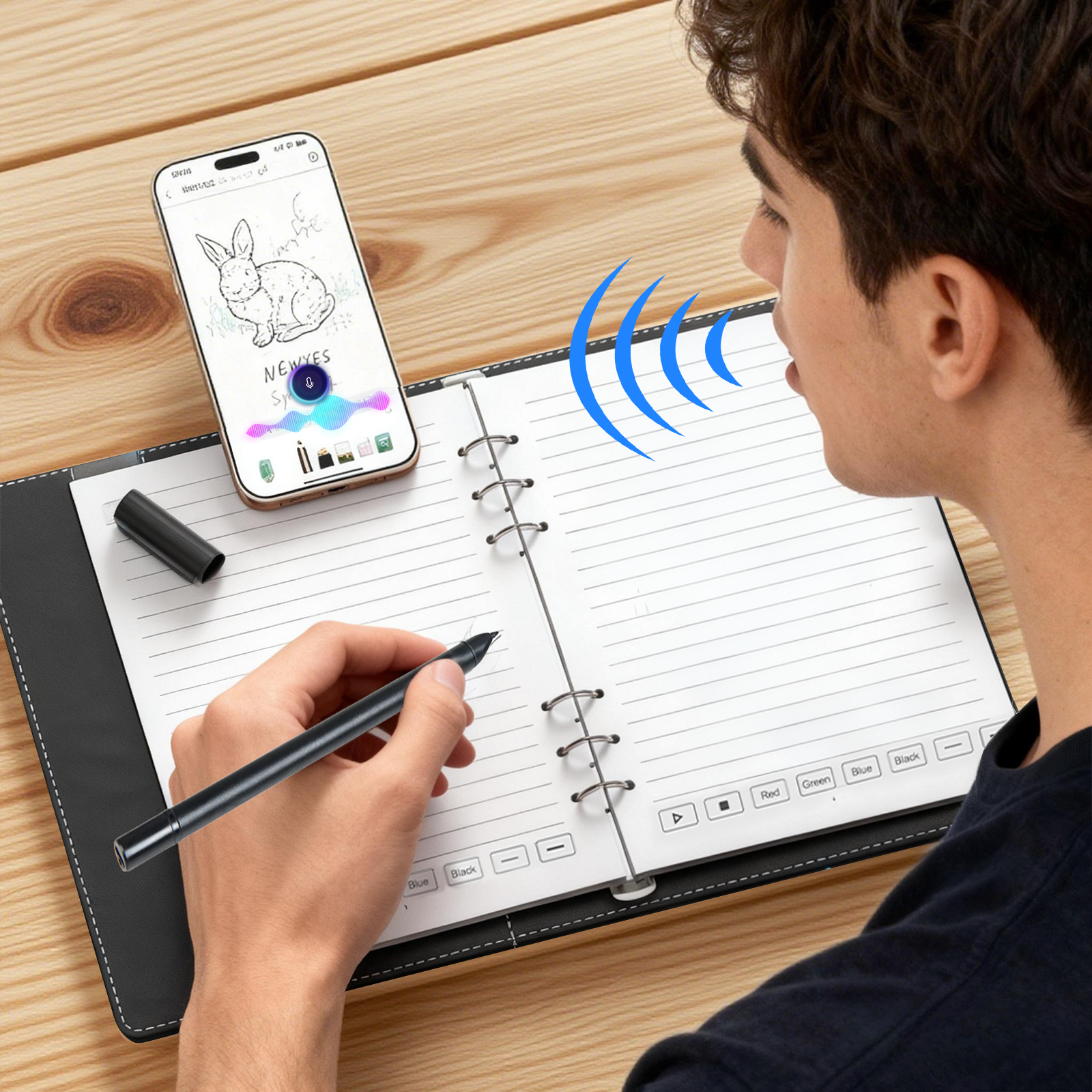 Person using a digital pen to interact with a smartphone app on a Wavel Digital Notebook