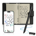 Smartpen with smartphone displaying diagrams, Wavel Digital Notebook with similar diagrams, and black pen on a white background.