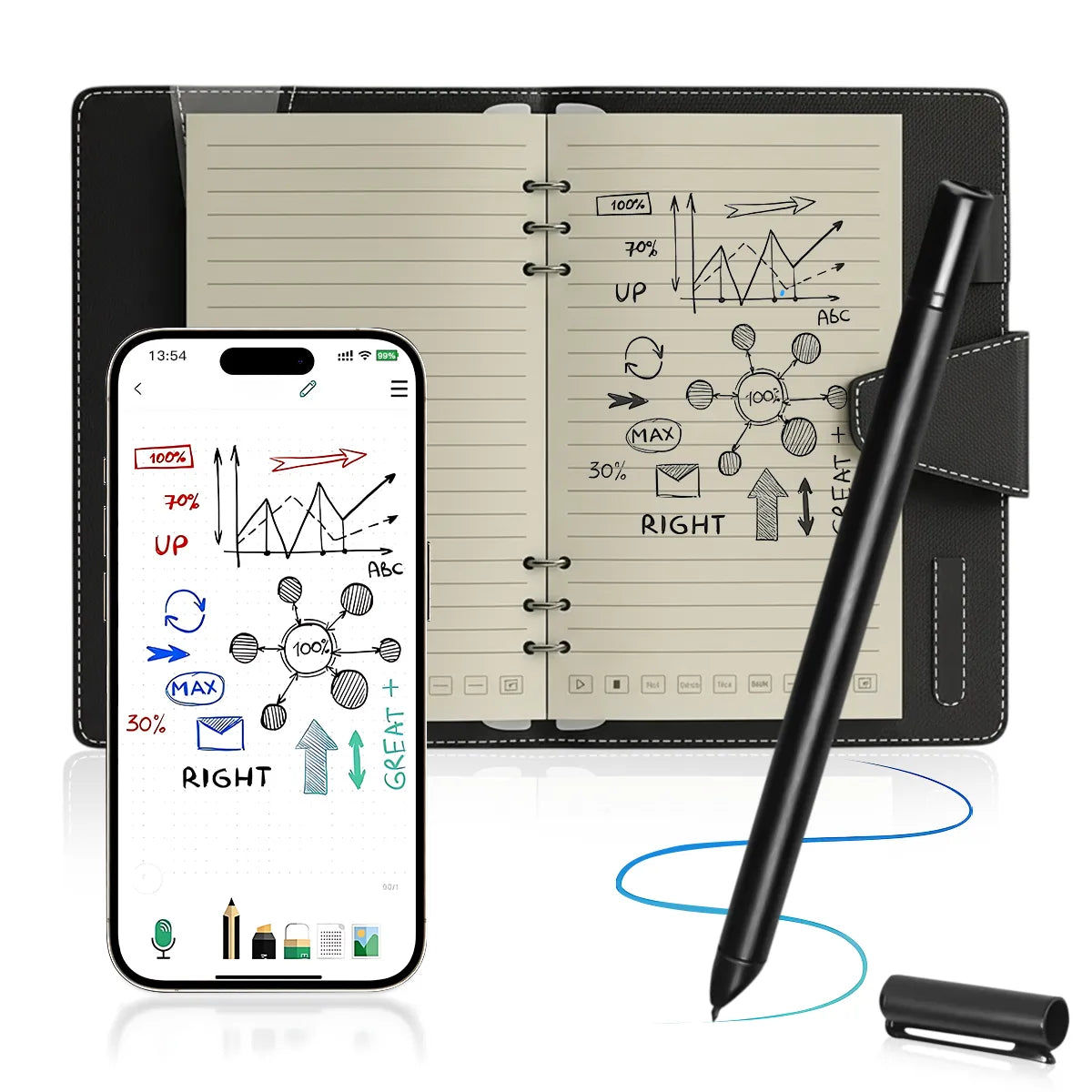 Smartpen with smartphone displaying diagrams, Wavel Digital Notebook with similar diagrams, and black pen on a white background.