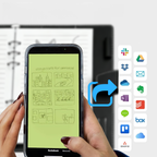 Person holding a smartphone with a green screen displaying a Wavel Digital Notebook, with cloud storage icons on the right.