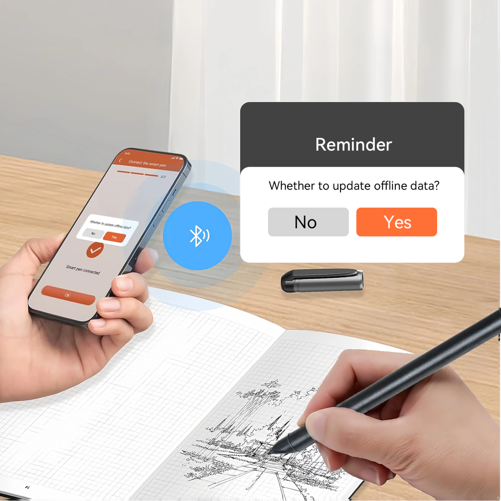 Person using a smartphone with a Bluetooth icon and a pen on a desk, with a reminder Wavel Digital Notebook box.