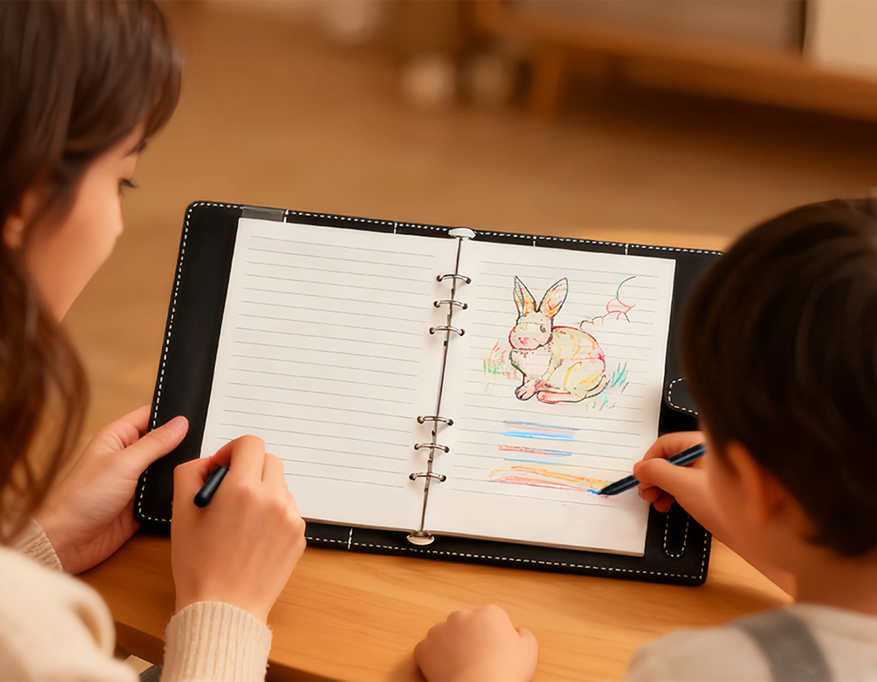 Two children drawing in a Wavel Digital Notebook with a colorful rabbit illustration.