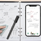 Open Wavel Digital Notebook with handwritten notes and a smartphone displaying a similar screen.
