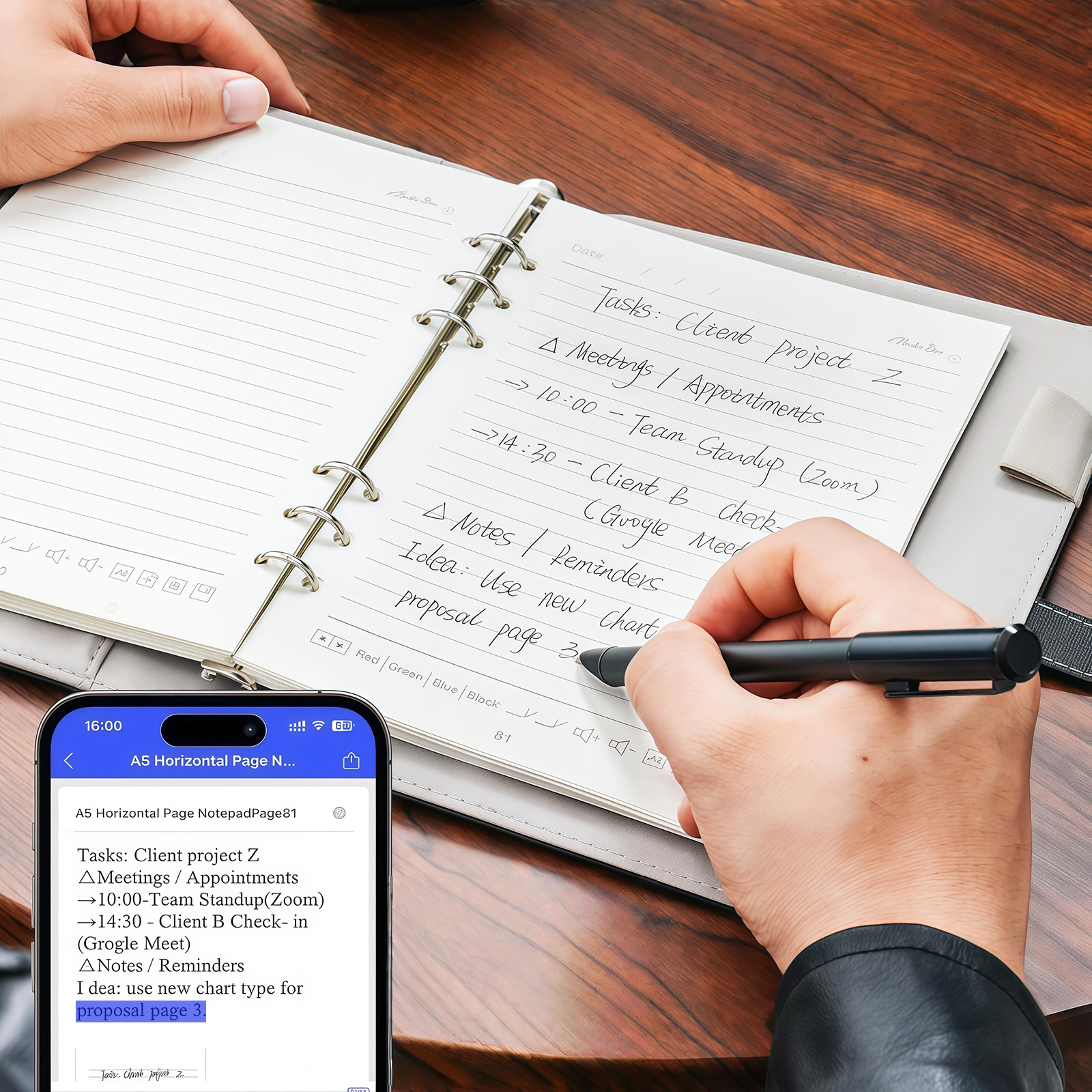 Person using a Wavel Digital Notebook and smartphone on a wooden desk