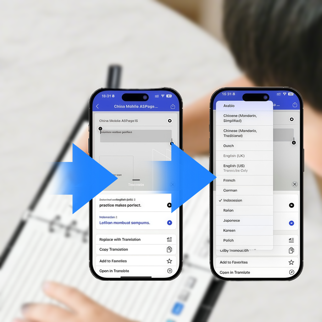 Two smartphones displaying translation apps with a blurred Wavel Digital Notebook background
