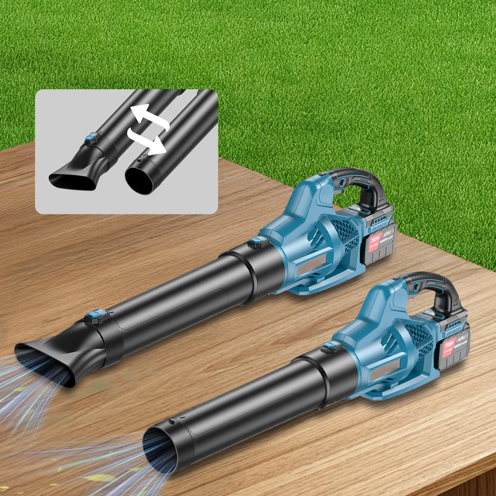 Two blue Wavel Cordless Electric Leaf Blower on a wooden surface with grass in the background.