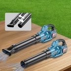 Two blue Wavel Cordless Electric Leaf Blower on a wooden surface with grass in the background.