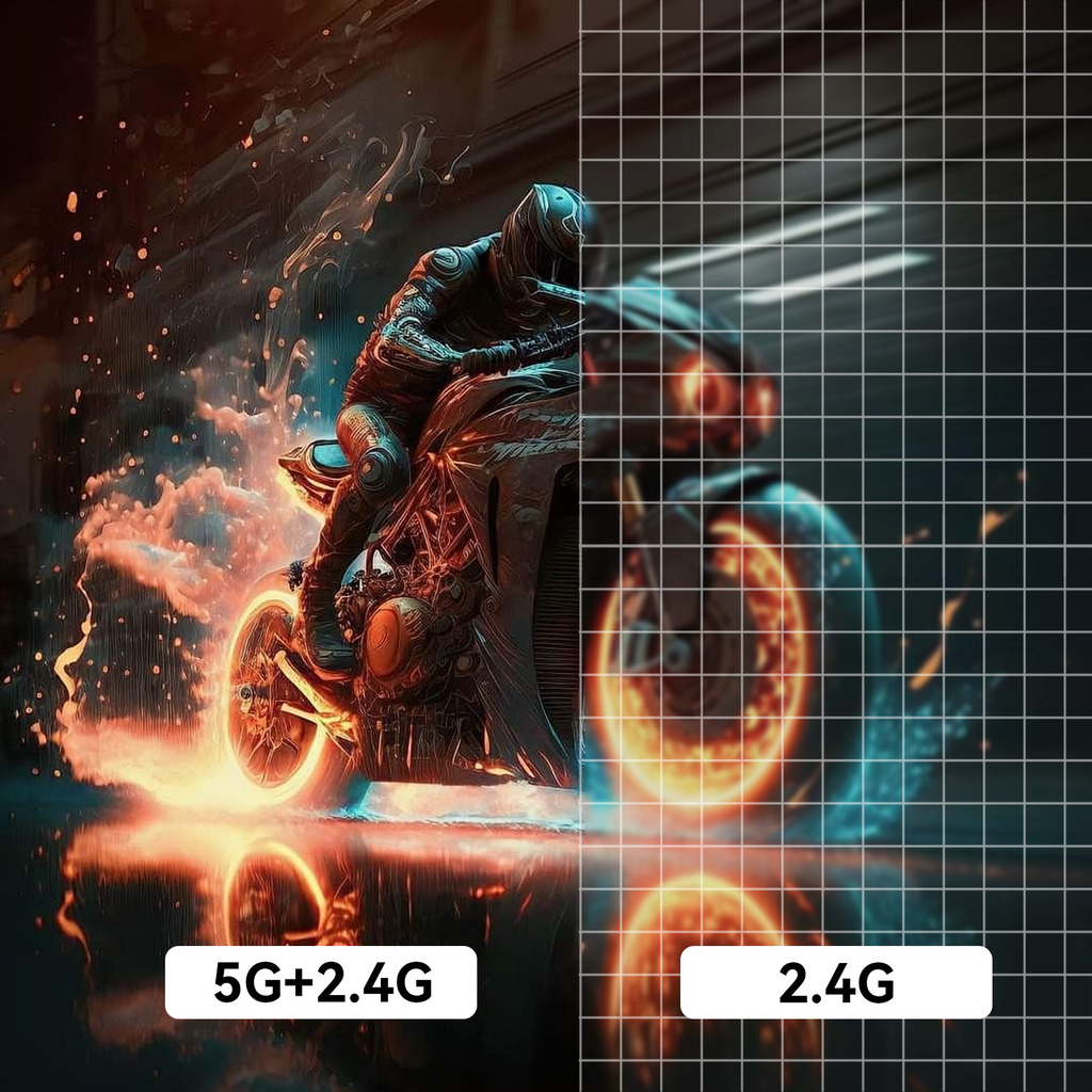 Illustration of a futuristic motorcycle with 5G+2.4G and 2.4G text on a dark background.