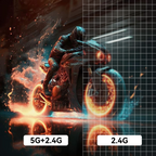 Illustration of a futuristic motorcycle with 5G+2.4G and 2.4G text on a dark background.