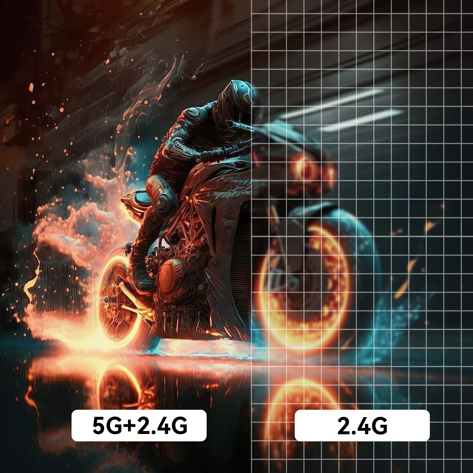 Illustration of a futuristic motorcycle with 5G+2.4G and 2.4G text on a dark background.