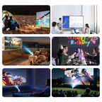 Collage of various scenes showing a TV and Wavel Mini Portable Projector in use, including outdoor, indoor, and sports settings.