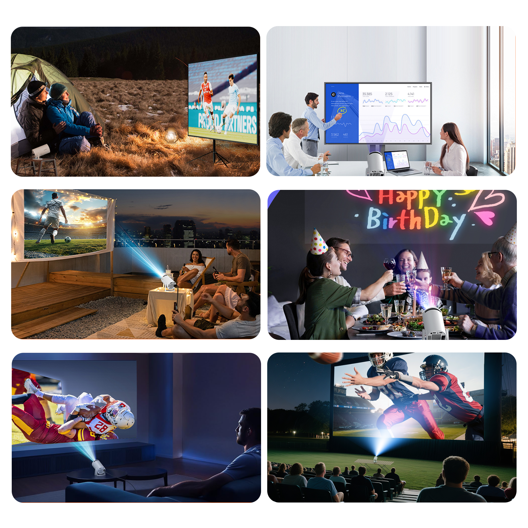 Collage of various scenes showing a TV and Wavel Mini Portable Projector in use, including outdoor, indoor, and sports settings.