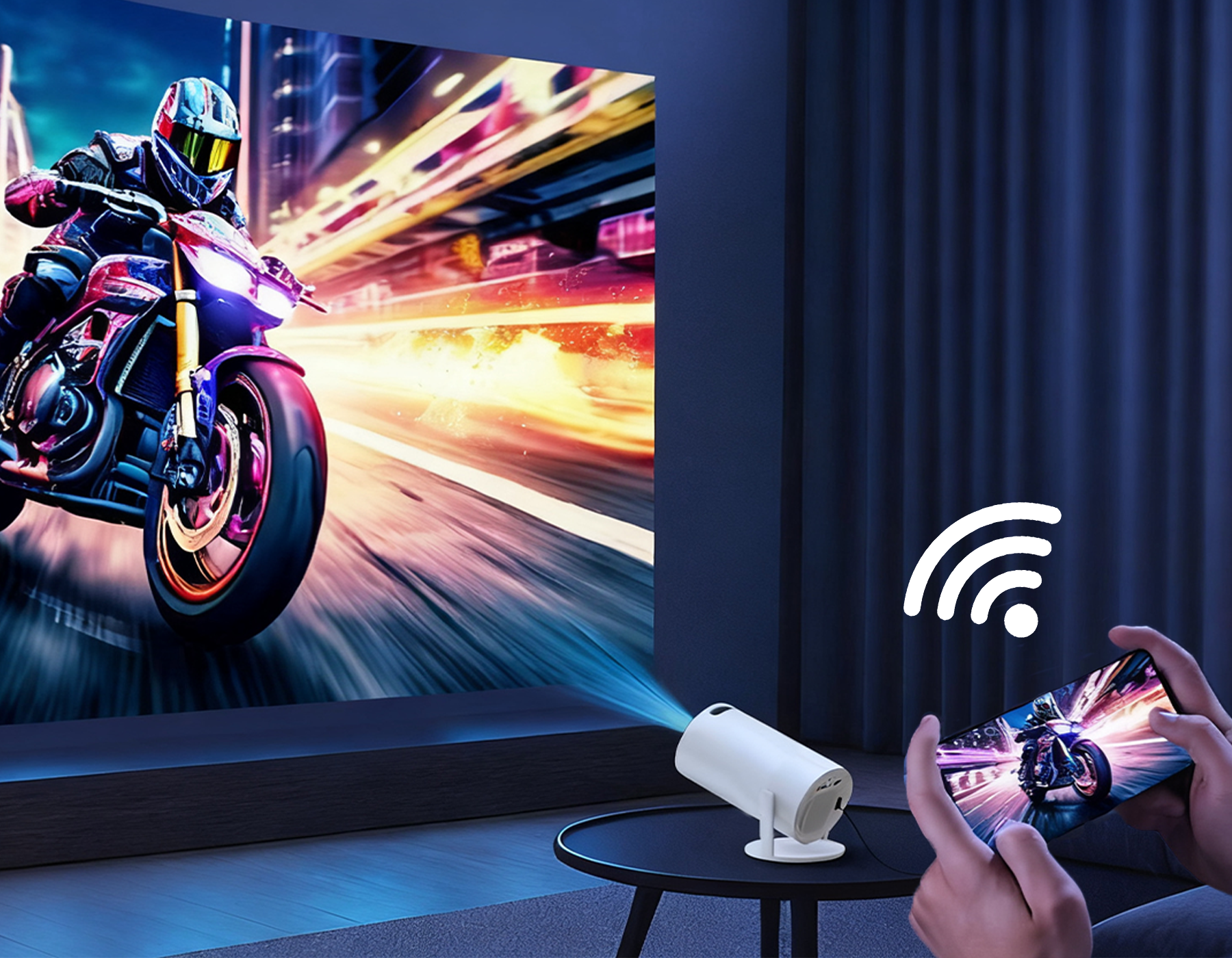 Smartphone Wavel Mini Portable Projector a motorcycle video onto a screen with a small white projector.