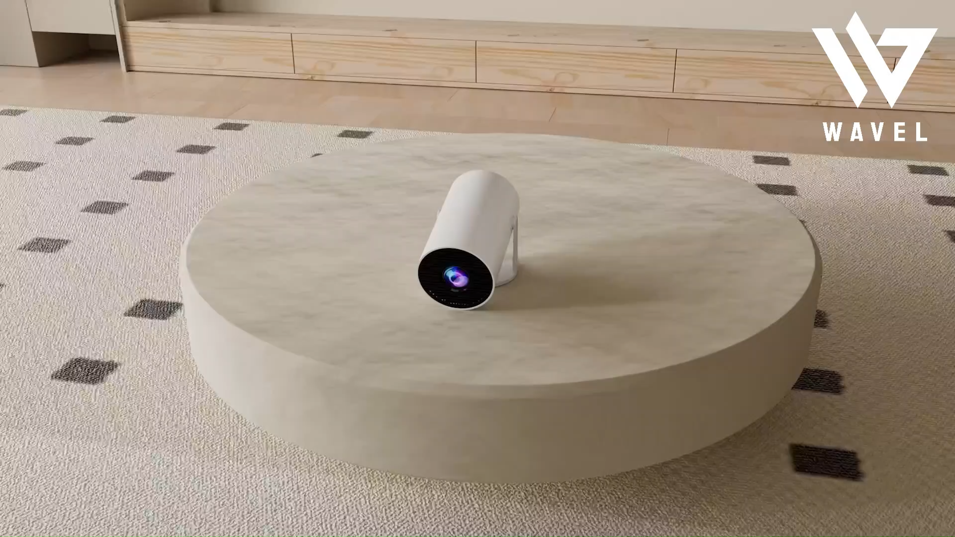 White cylindrical device Wavel Mini Portable Projector on a round marble table with 'Wavel' logo in the corner