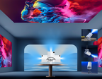 Multimedia setup with a Wavel Mini Portable Projector displaying colorful visuals in a room.