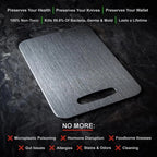 Wavel Titanium Cutting Board with text highlighting benefits on a dark background