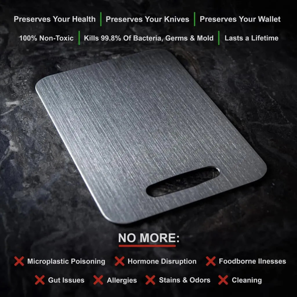 Wavel Titanium Cutting Board with text highlighting benefits on a dark background