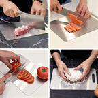 Collage of four images showing a knife being used to cut various ingredients on a metal cutting board.