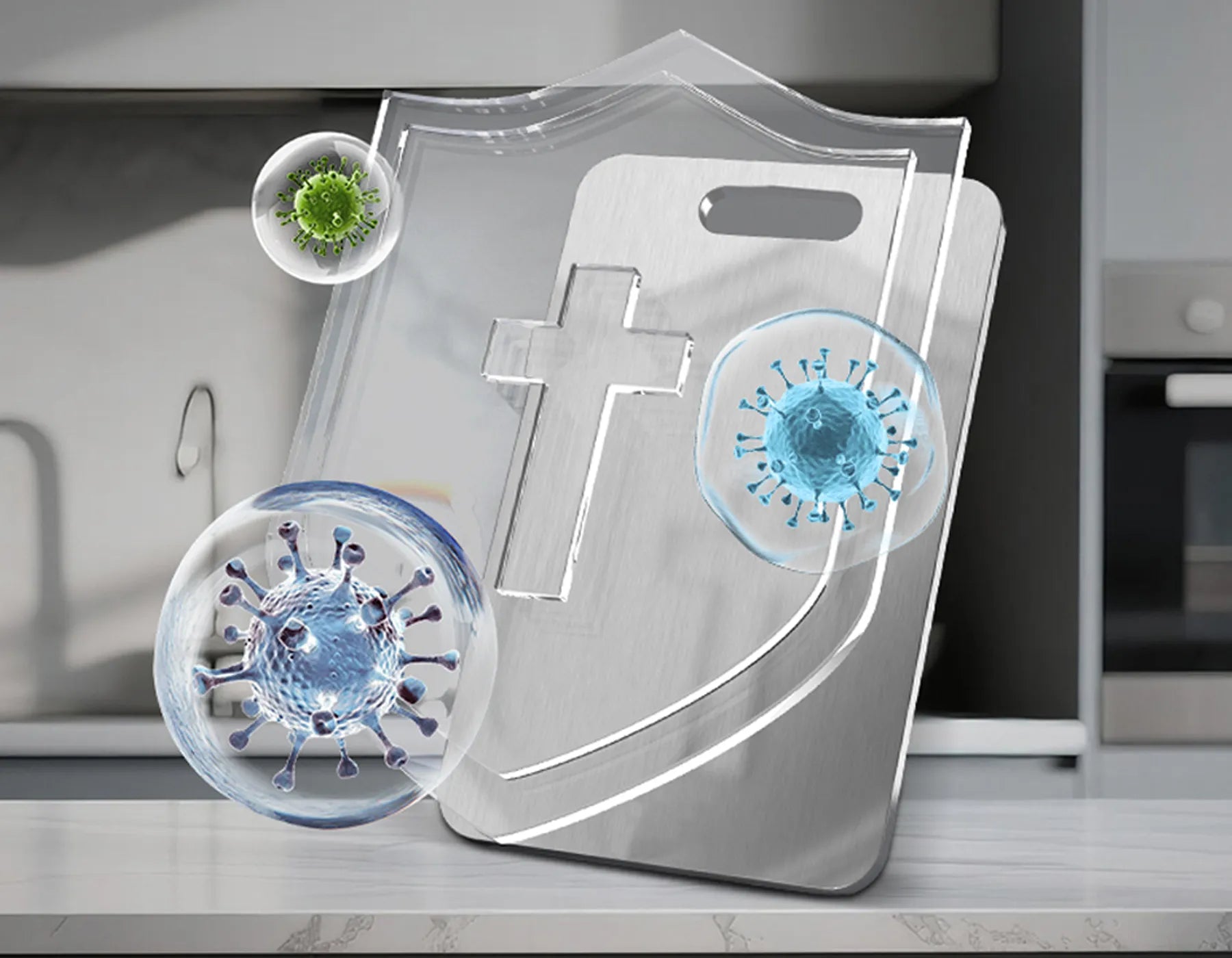 Clear Wavel Titanium Cutting Board with virus models on a kitchen counter