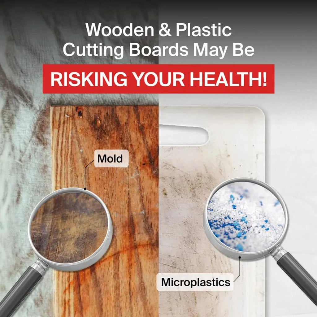 Wooden and plastic cutting boards with magnifying glasses showing mold and microplastics, text about health risks.