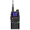 A black handheld two-way WavieRun Emergency Walkie Talkie with a blue backlit LCD screen, numeric keypad, and antenna, shown on a plain white background.
