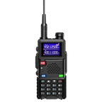 A black handheld two-way WavieRun Emergency Walkie Talkie with a blue backlit LCD screen, numeric keypad, and antenna, shown on a plain white background.