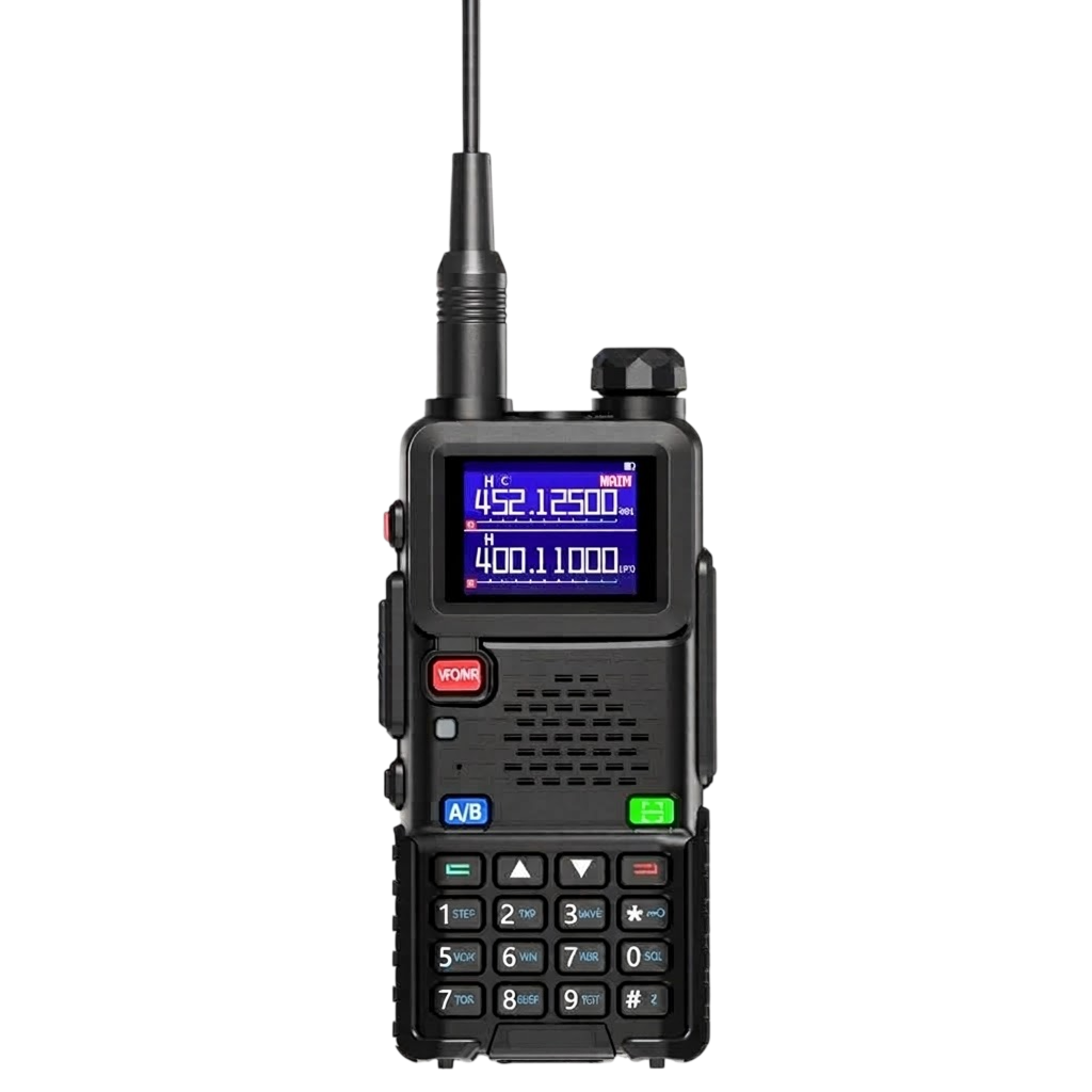 A black handheld two-way WavieRun Emergency Walkie Talkie with a blue backlit LCD screen, numeric keypad, and antenna, shown on a plain white background.
