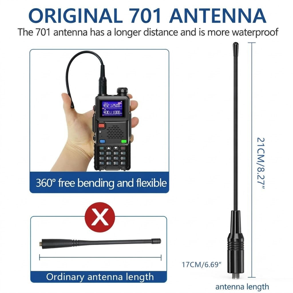 Promotional graphic for an original 701 antenna, showing a handheld radio with the antenna attached, text comparing it to a shorter ordinary antenna, and a side measurement of 21 cm (8.27 inches).