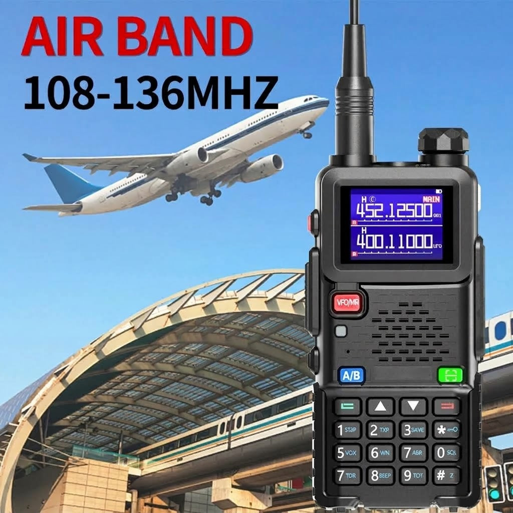 A WavieRun Emergency Walkie Talkie transmitter with a screen and keypad is shown in front of a blue sky background with an airplane and a train station. Large text reads 'AIR BAND 108-136MHZ'.
