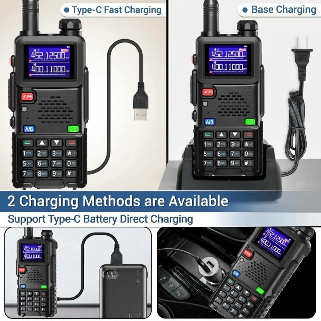 Black Baofeng handheld WavieRun Emergency Walkie Talkie shown with charging cables in three panels, labeled for Type-C fast charging and base charging, with text stating 2 charging methods are available and support Type-C battery direct charging.