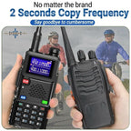 Two black handheld WavieRun Emergency Walkie Talkie shown in hands, with promotional text at the top reading 'No matter the brand 2 Seconds Copy Frequency' and a faded background of two people outdoors.
