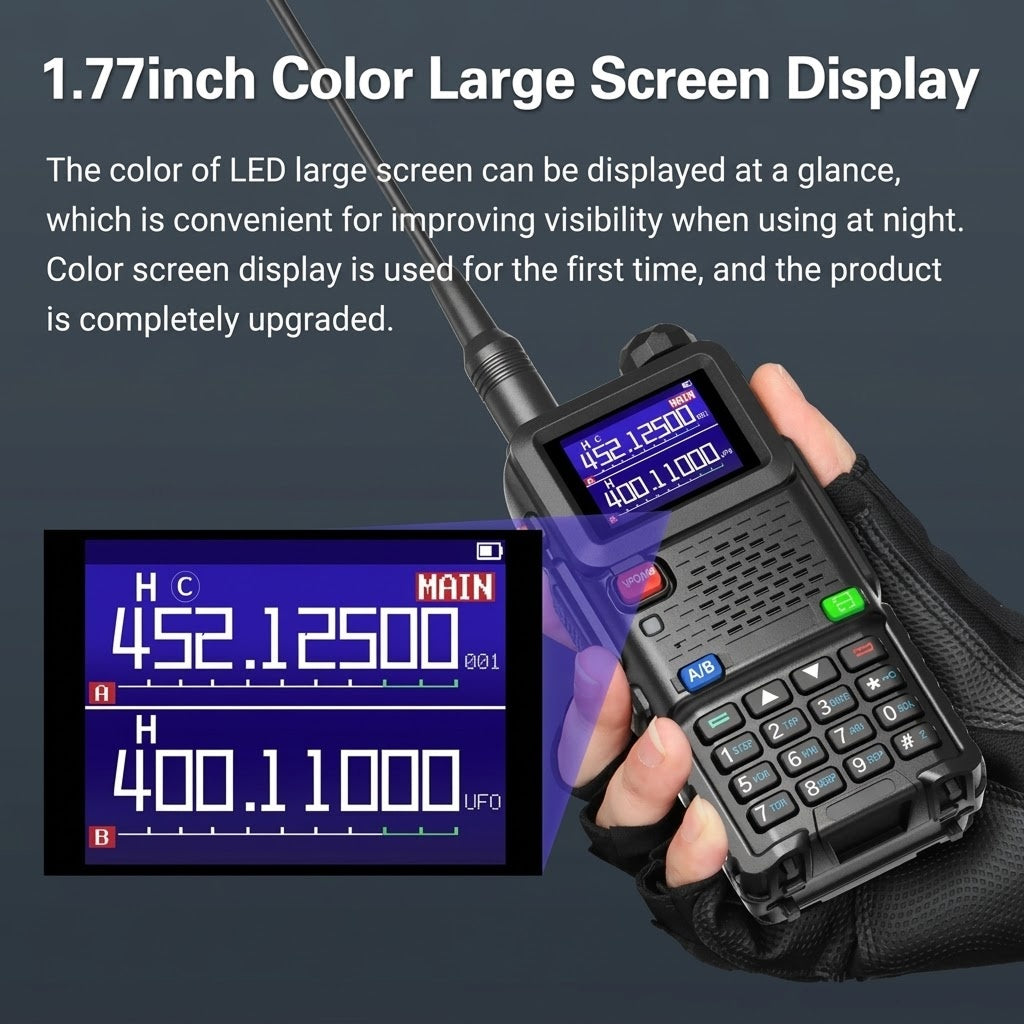 A WavieRun Emergency Walkie Talkie black radio transmitter with a large color LED display screen is shown being held by a hand wearing a black glove. The image includes promotional text about the 1.