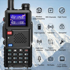 A black WavieRun Emergency Walkie Talkie dual-band walkie-talkie radio shown on the left, with a blue display screen and red, blue, and white control buttons. The right side features a list of feature icons such as wireless copy frequency, 999 channels, high power, high capacity, full band, encrypted, high gain antenna, type-C fast charging, LED flashlight, vox function, FM radio, and 1.