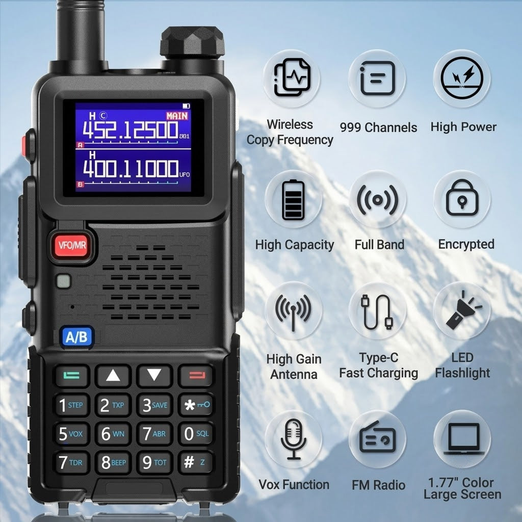 A black WavieRun Emergency Walkie Talkie dual-band walkie-talkie radio shown on the left, with a blue display screen and red, blue, and white control buttons. The right side features a list of feature icons such as wireless copy frequency, 999 channels, high power, high capacity, full band, encrypted, high gain antenna, type-C fast charging, LED flashlight, vox function, FM radio, and 1.